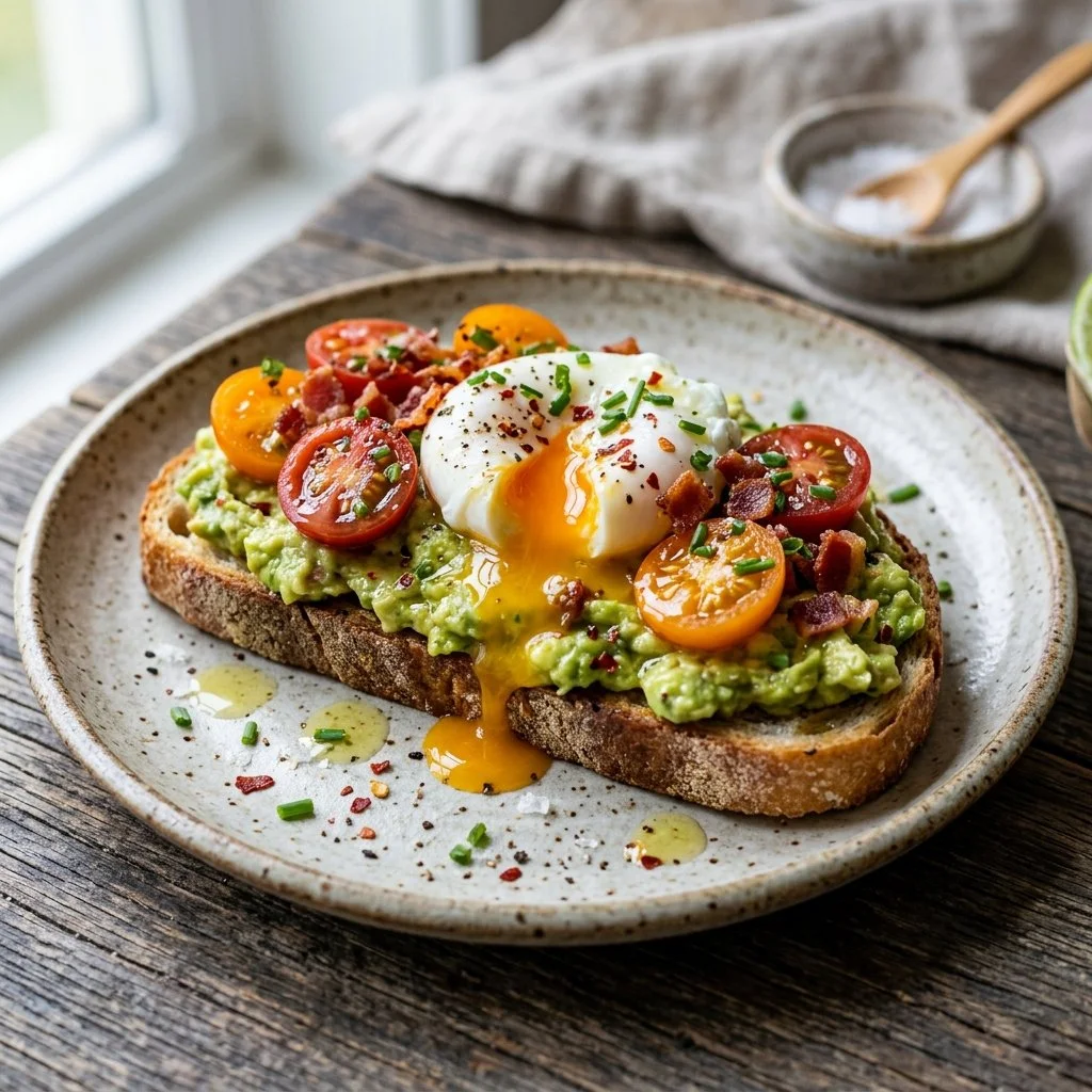 Loaded avocado toast topped with fresh ingredients for a nutritious breakfast