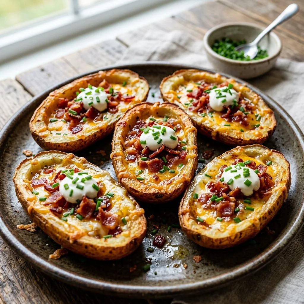 Delicious loaded potato skins topped with cheese, bacon, and sour cream.