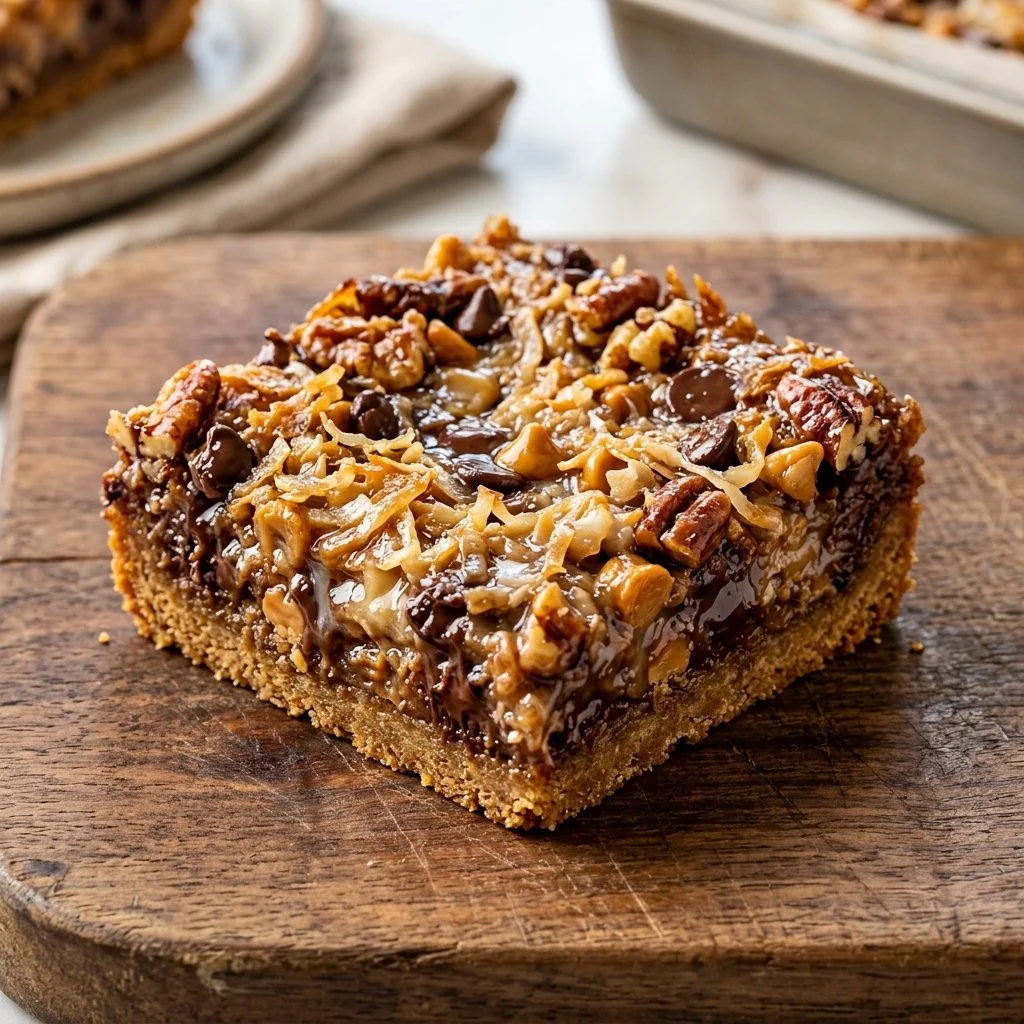 Delicious Magic Cookie Bars layered with chocolate, nuts, and coconut