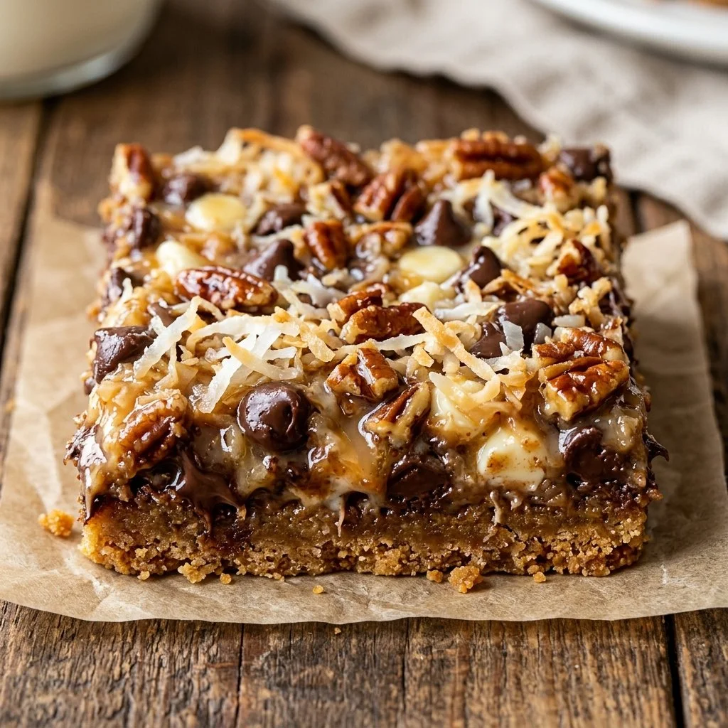 Decadent Magic Cookie Bars with layers of chocolate and coconut