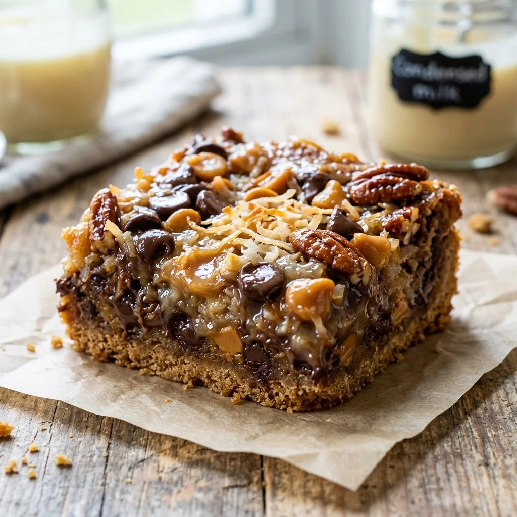 Delicious Magic Cookie Bars topped with chocolate, coconut, and nuts.