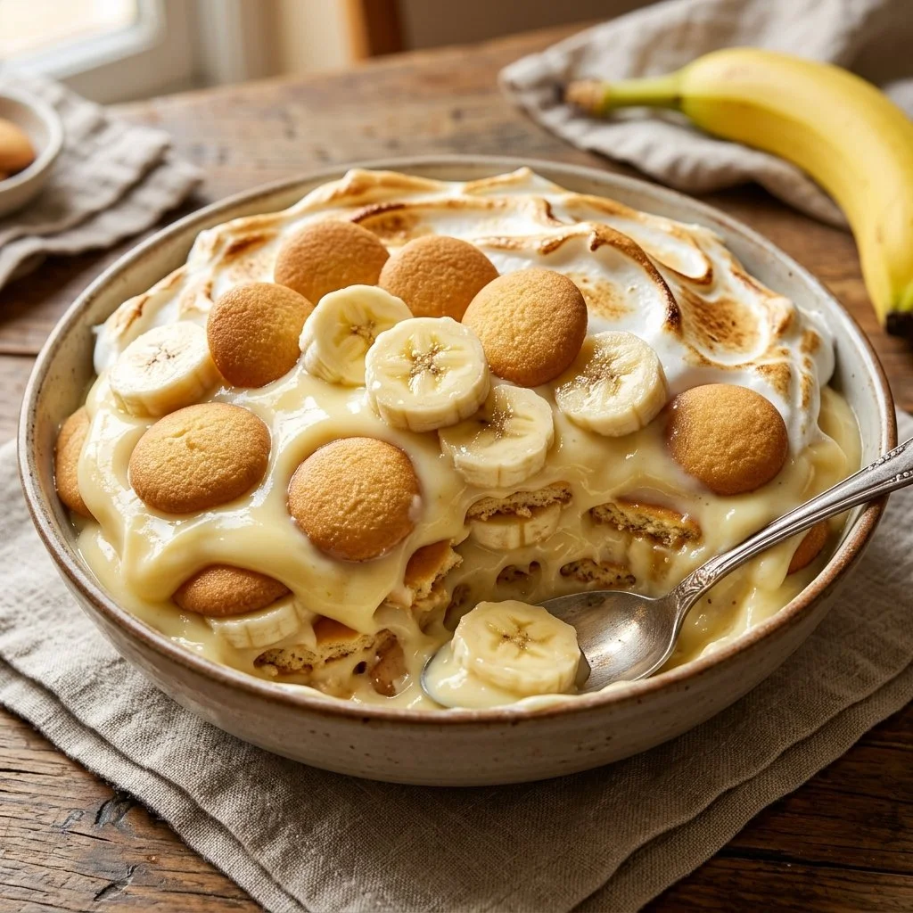 Delicious Magnolia banana pudding with layers of bananas and vanilla wafers