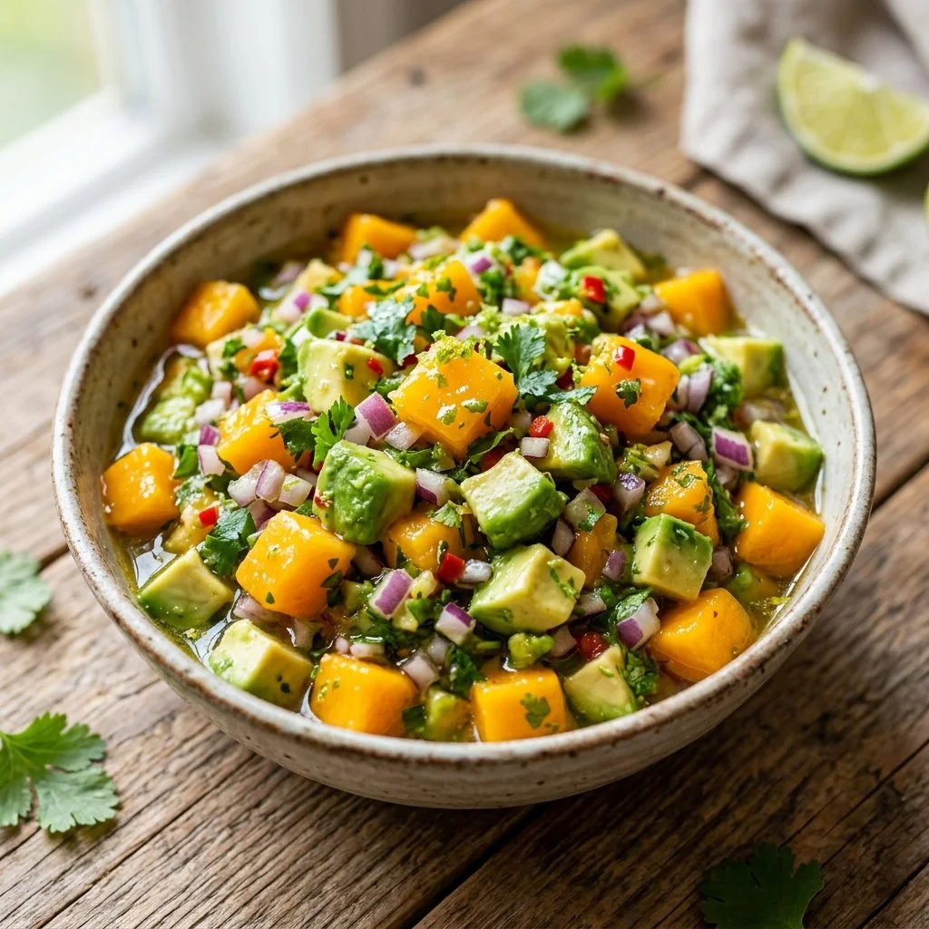 Fresh Mango Avocado Salsa with colorful ingredients in a bowl