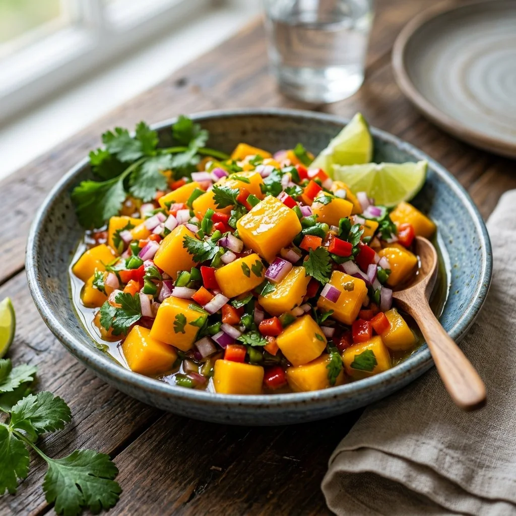 Fresh mango salsa served in a bowl with lime and cilantro garnish