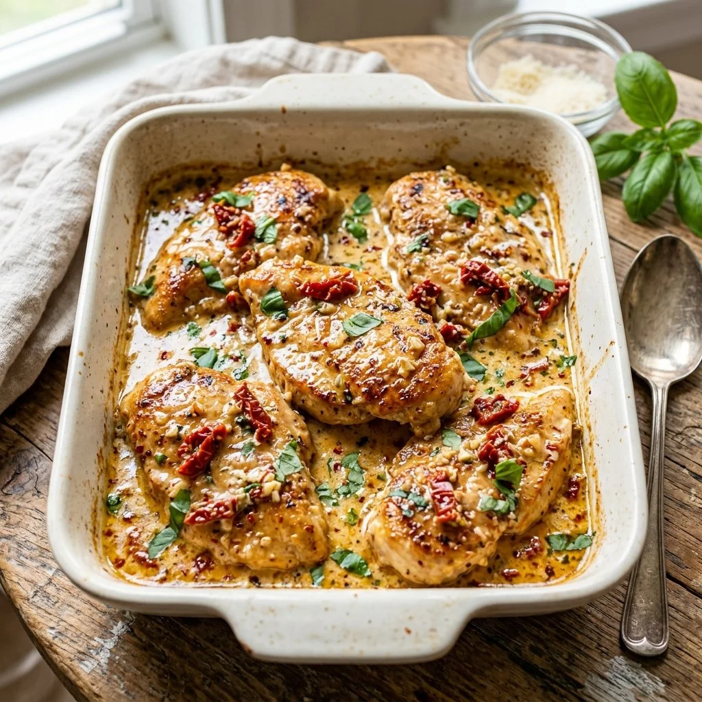 Delicious Marry Me Chicken served on a plate with herbs and spices.