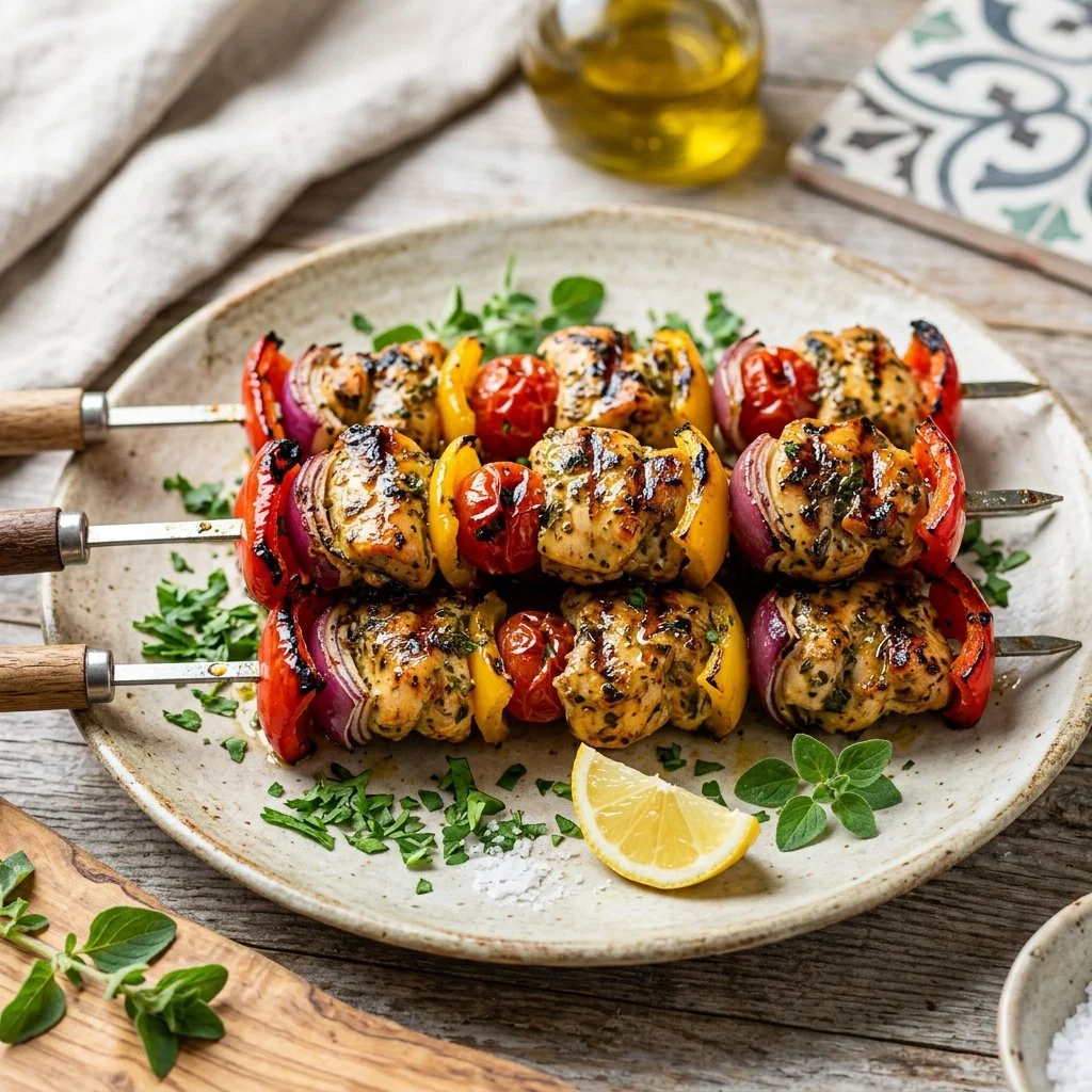 Delicious Mediterranean chicken skewers served with fresh vegetables and herbs