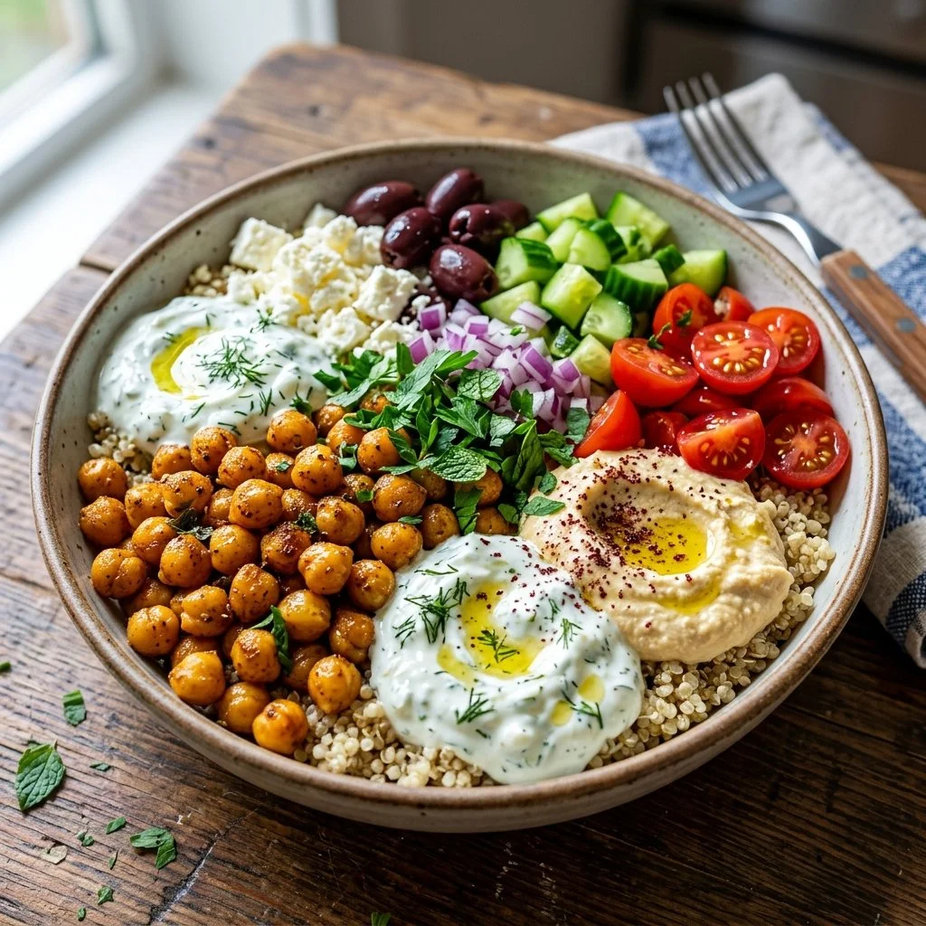 Mediterranean chickpea bowls with fresh vegetables and herbs