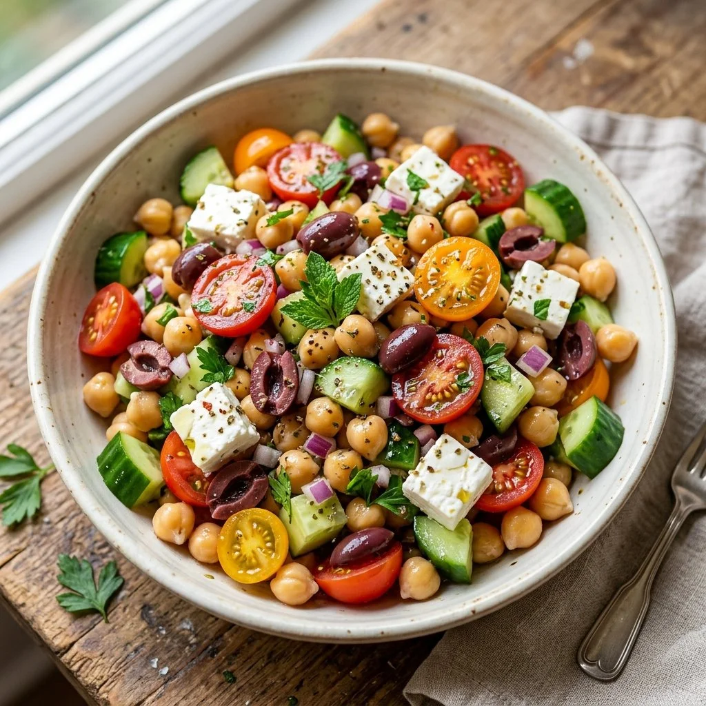 Mediterranean Chickpea Salad with fresh vegetables and herbs