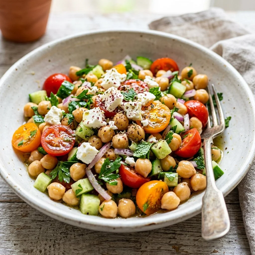 Mediterranean Chickpea Salad with fresh vegetables, herbs, and dressing