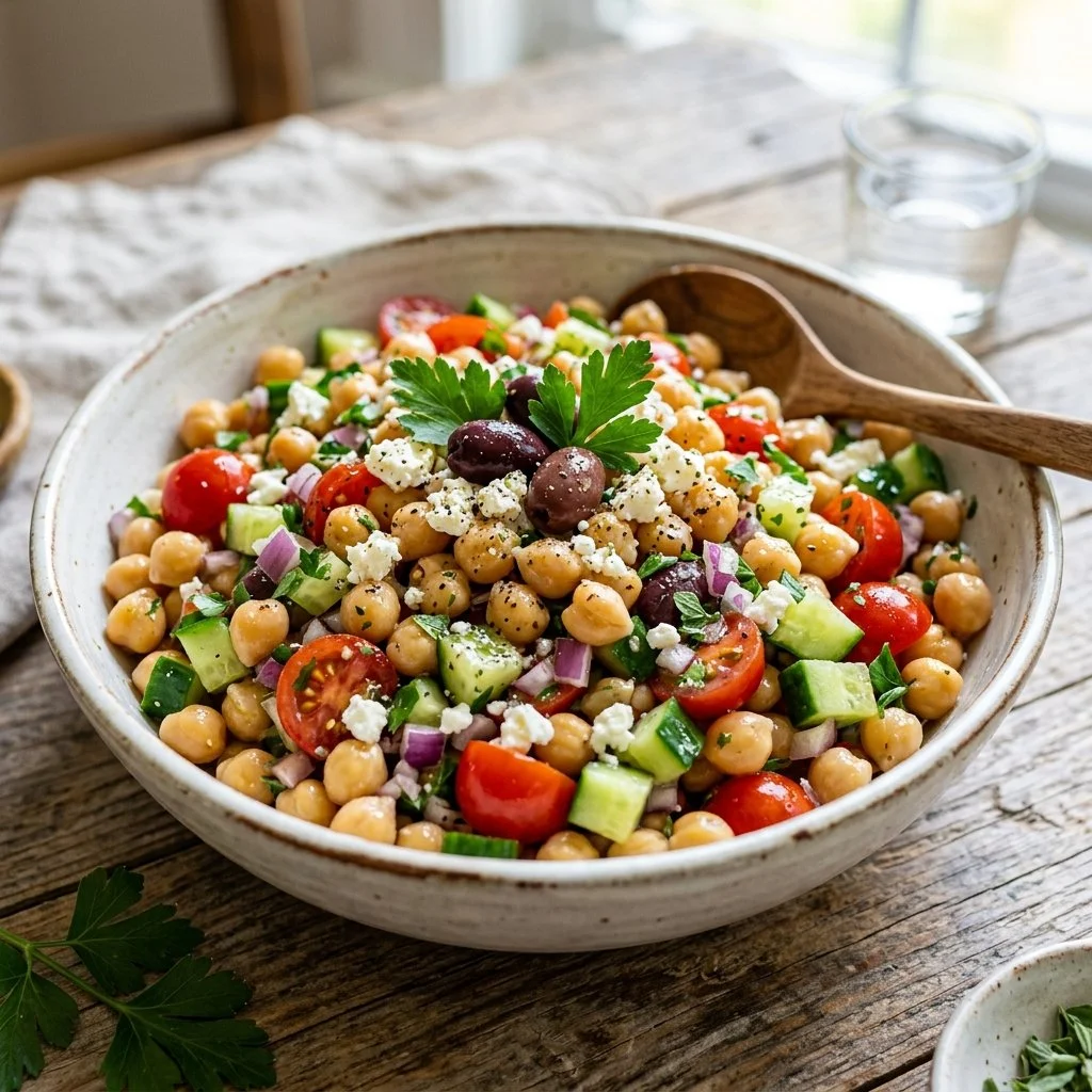Mediterranean chickpea salad with fresh vegetables and herbs