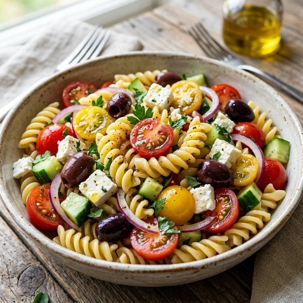 Colorful Mediterranean Pasta Salad with vegetables and olives in a bowl