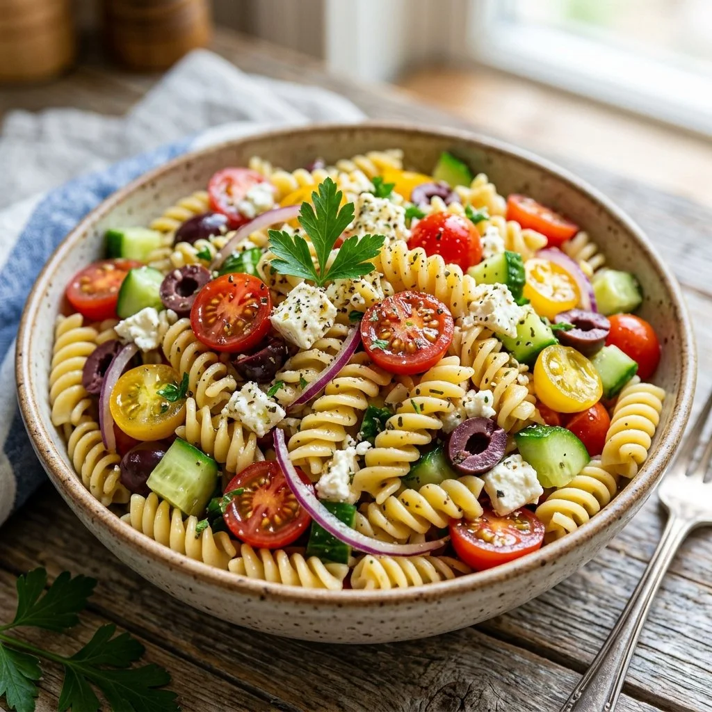 Colorful Mediterranean Pasta Salad with fresh veggies and dressing