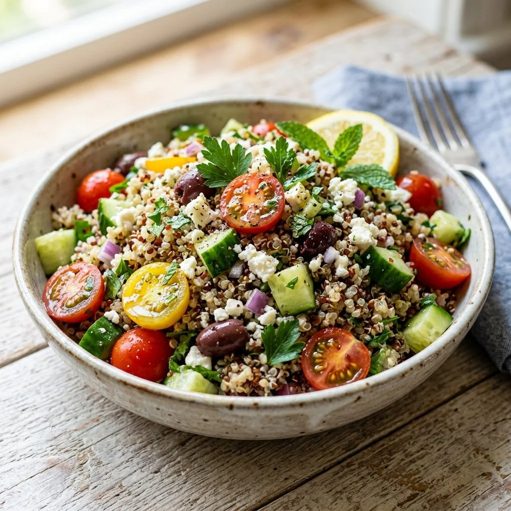 Colorful Mediterranean Quinoa Salad with vegetables and herbs
