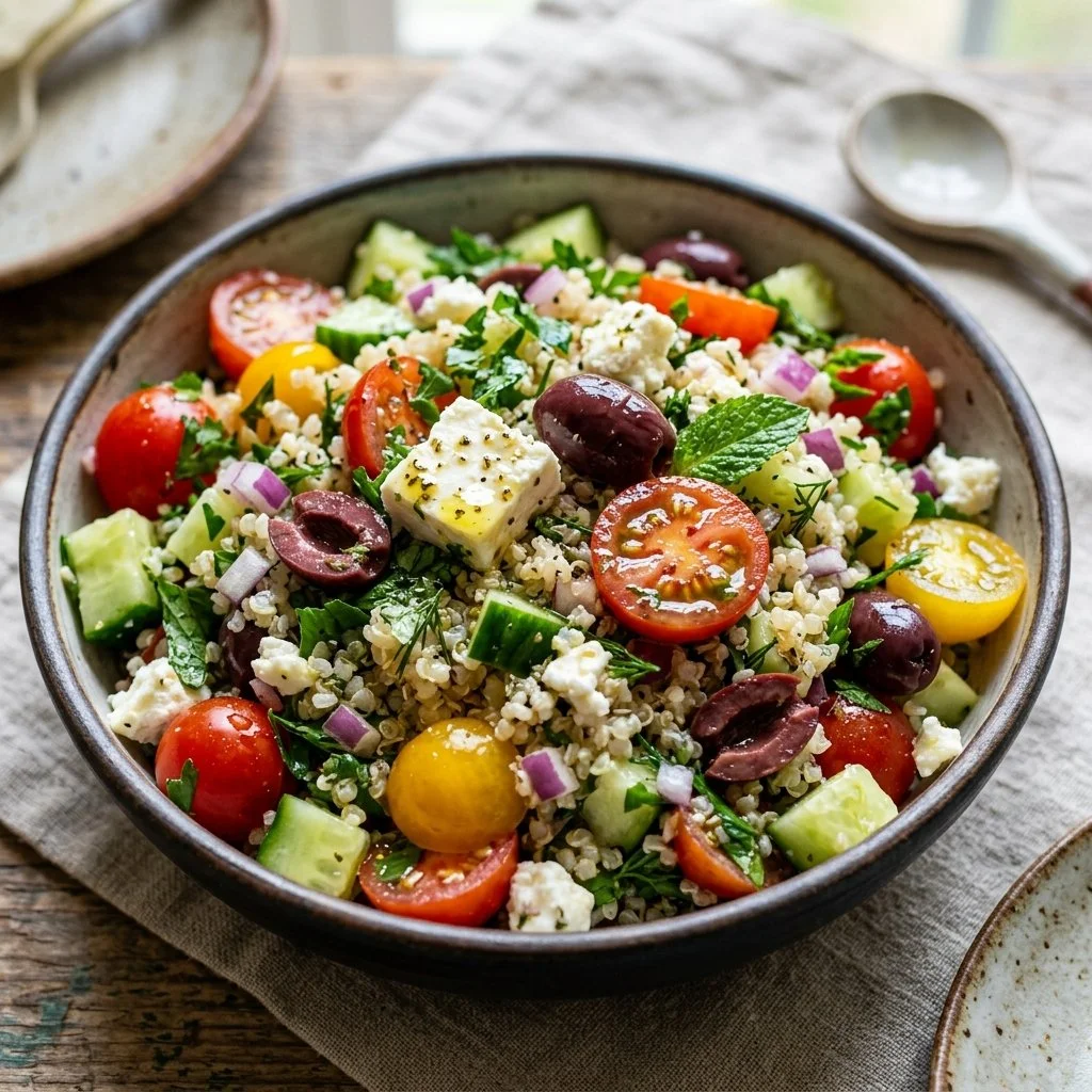 A vibrant Mediterranean quinoa salad with fresh vegetables and herbs.
