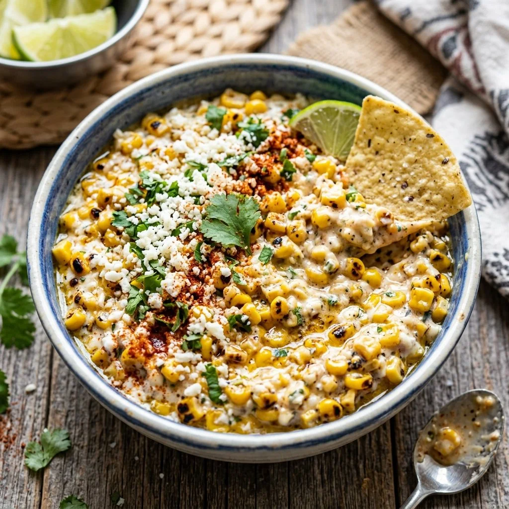 Delicious Mexican street corn dip served in a bowl with fresh toppings