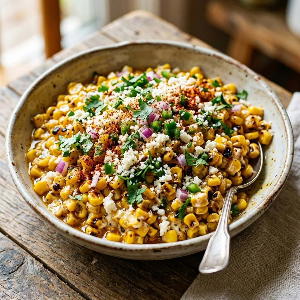 Delicious Mexican Street Corn Salad garnished with cilantro and lime.