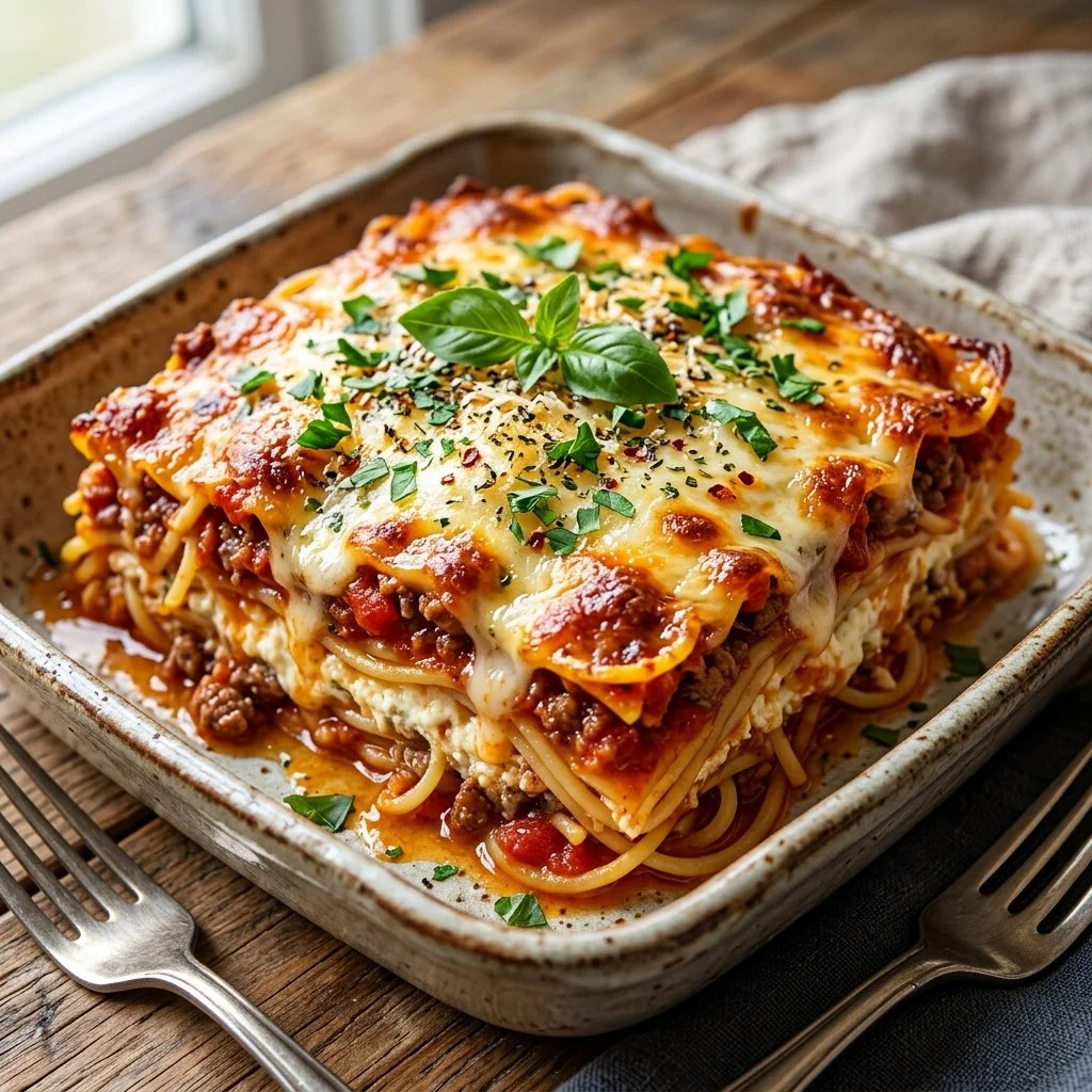 Delicious Million Dollar Spaghetti dish topped with cheese and herbs