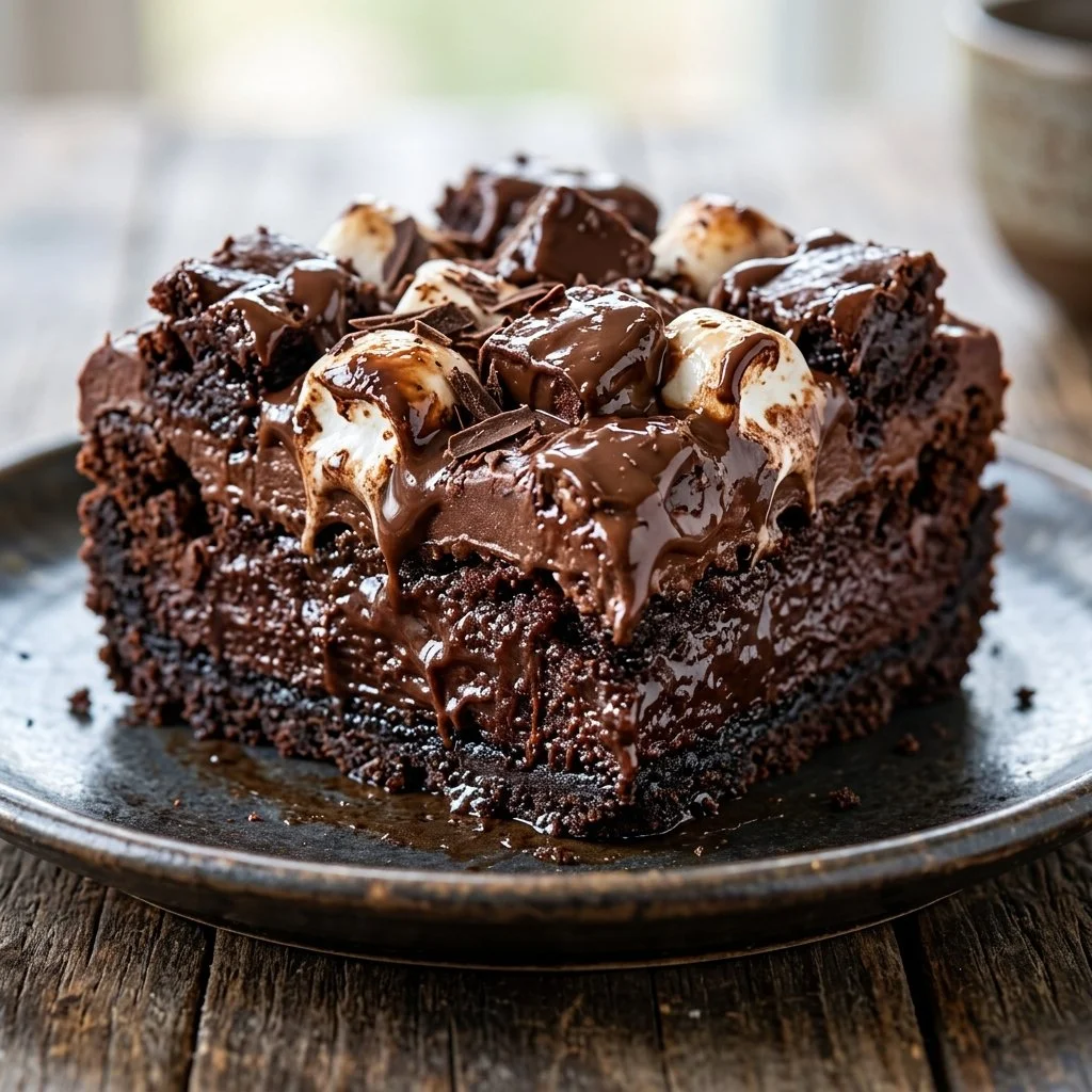 Delicious Mississippi Mud Pie with chocolate, marshmallows, and nuts