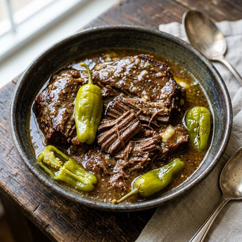 Delicious Mississippi Pot Roast served with vegetables and gravy.