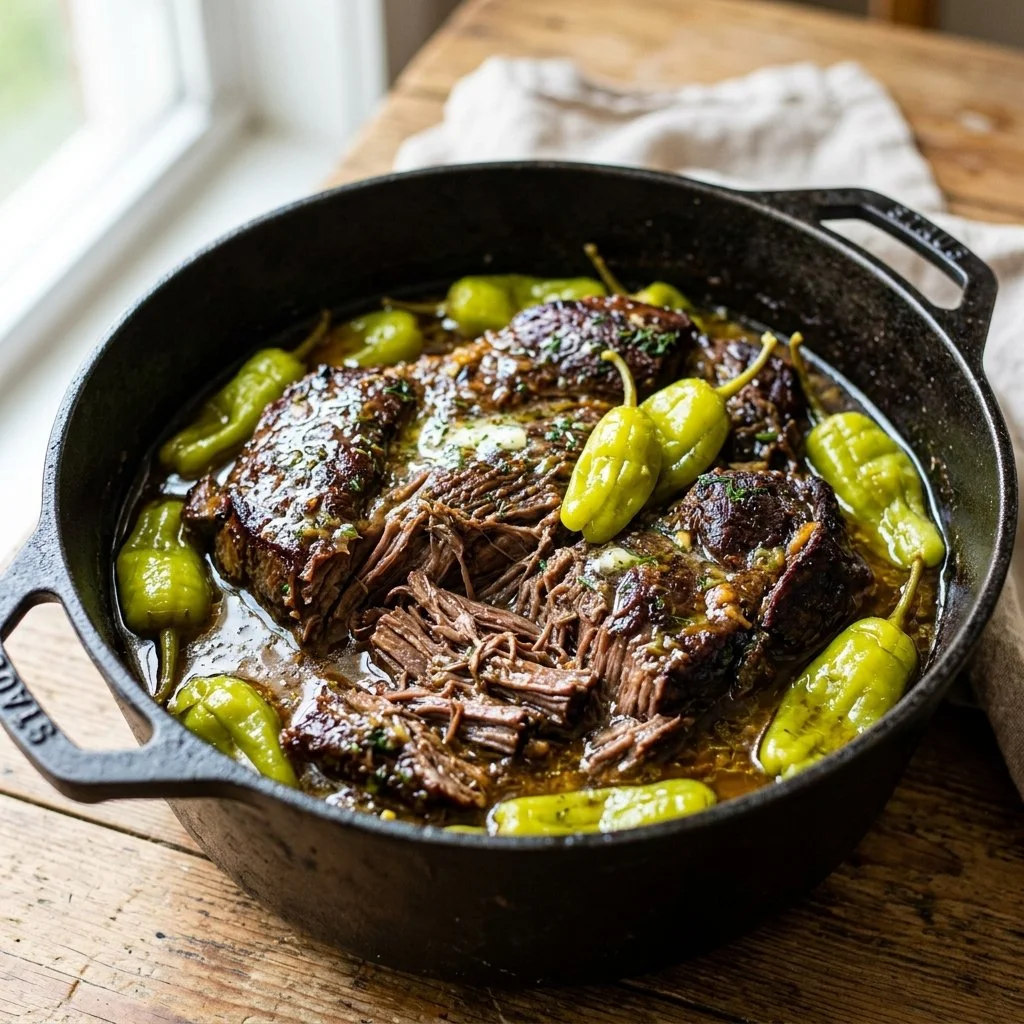 Delicious Mississippi Pot Roast served with vegetables on a rustic table.