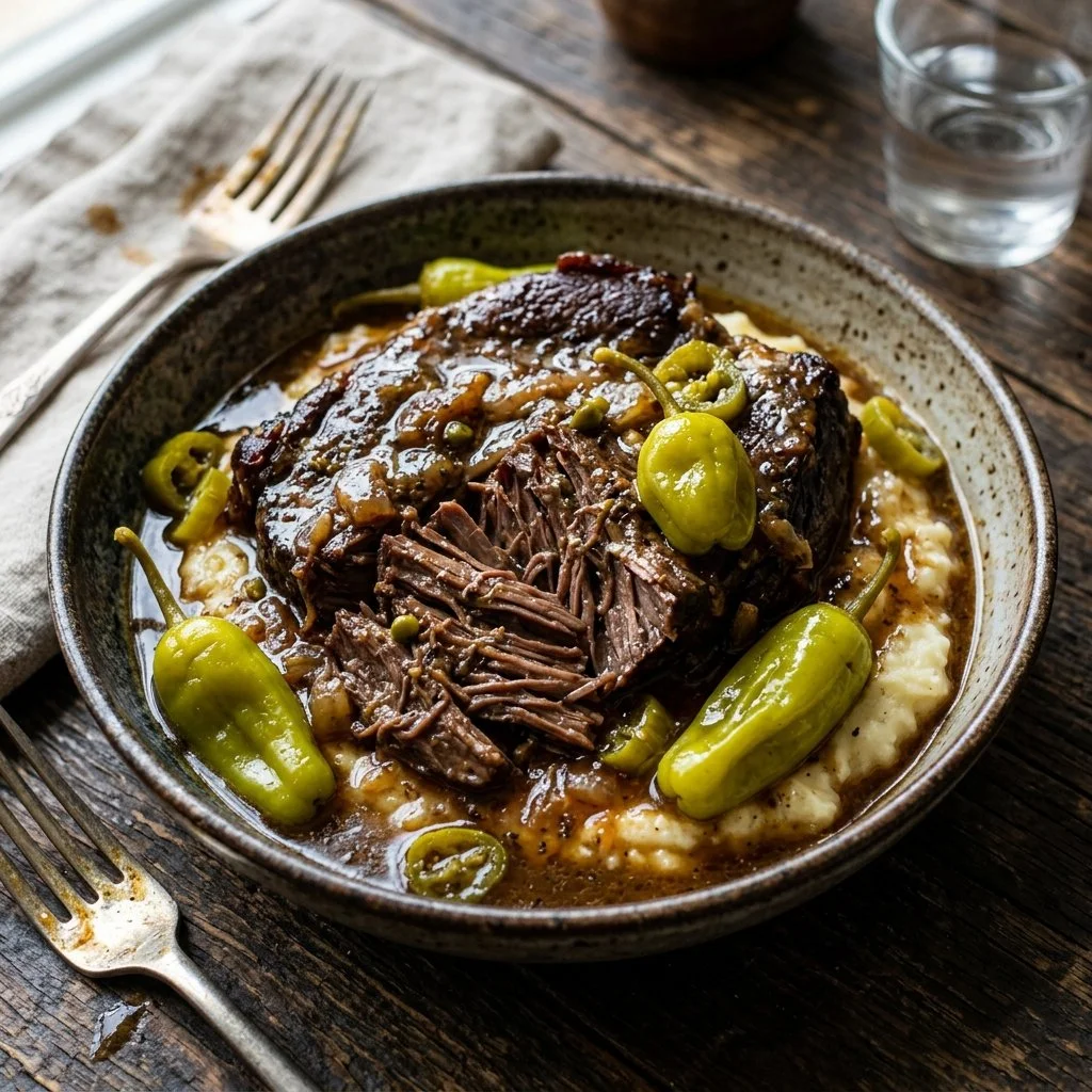 Delicious Mississippi Roast served with side dishes.