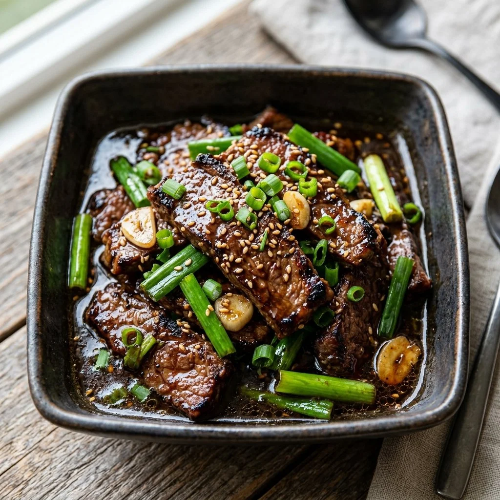 Delicious plate of Mongolian Beef with vegetables and savory sauce