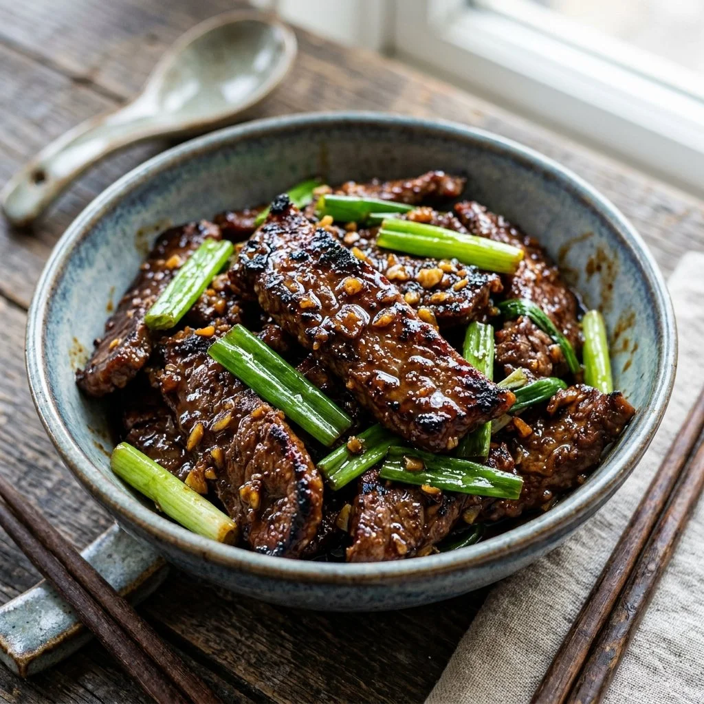 Delicious Mongolian beef stir-fry with green onions and a savory sauce