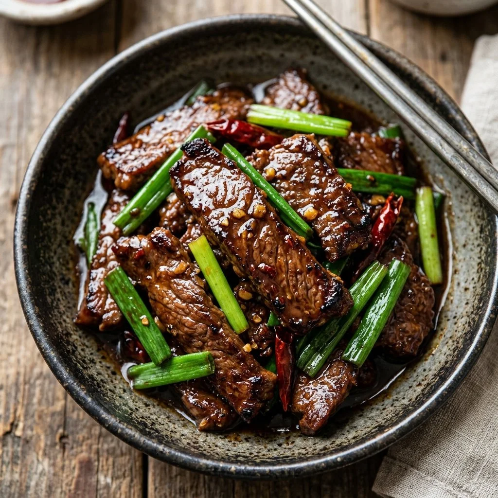 Delicious plate of Mongolian Beef served with vegetables and rice