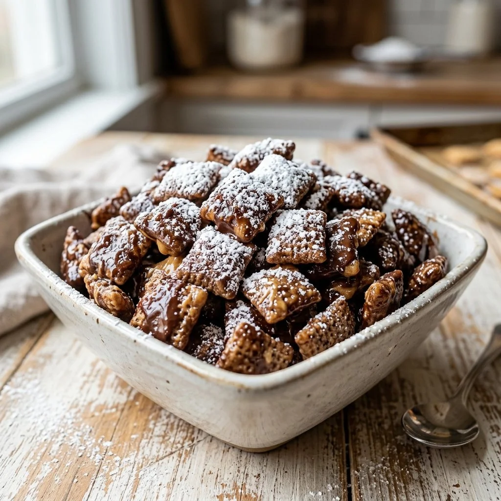 A bowl of homemade Muddy Buddies snack mix with chocolate and peanut butter coating.