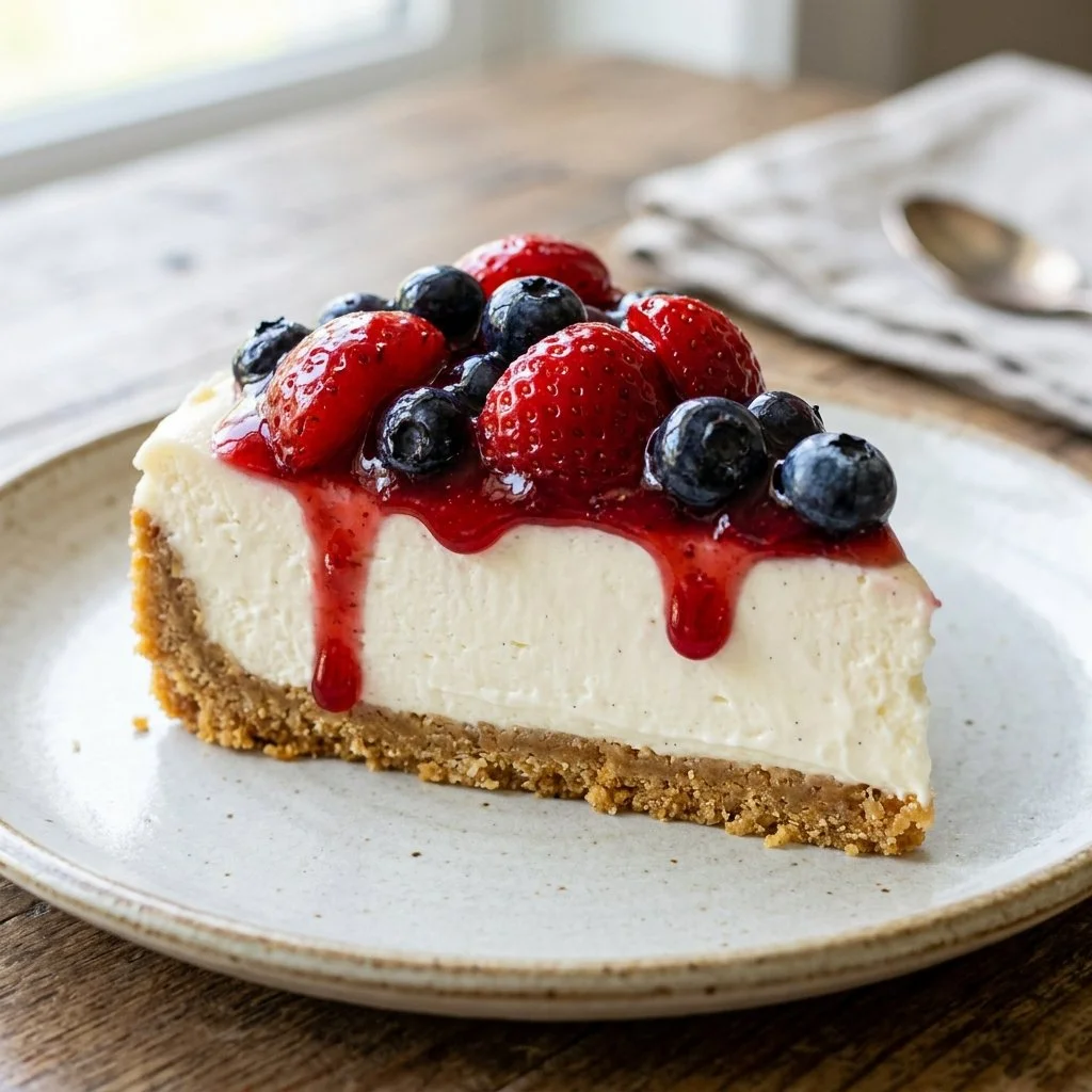Delicious No Bake Cheesecake topped with fresh berries