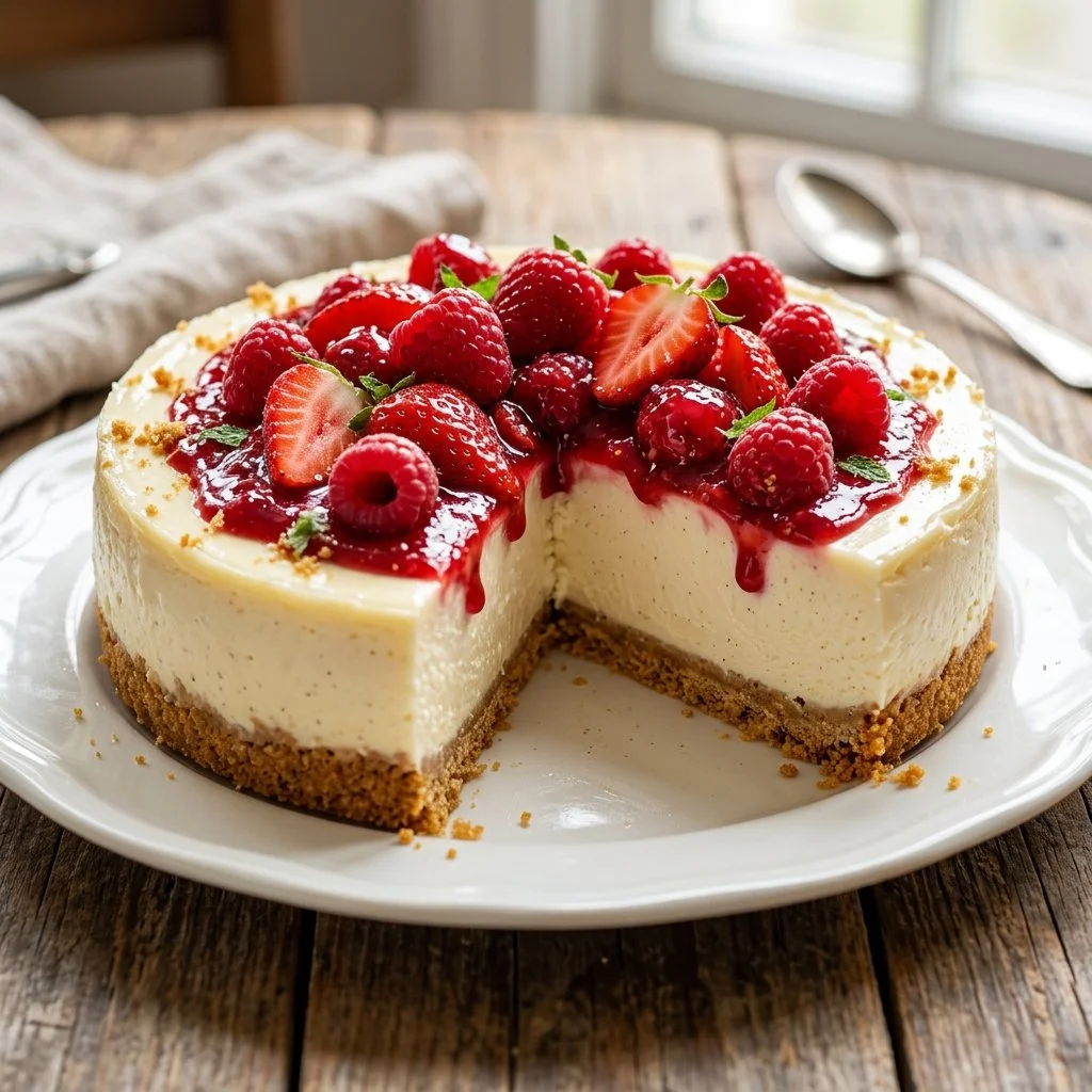 Delicious no bake cheesecake topped with fresh berries and whipped cream