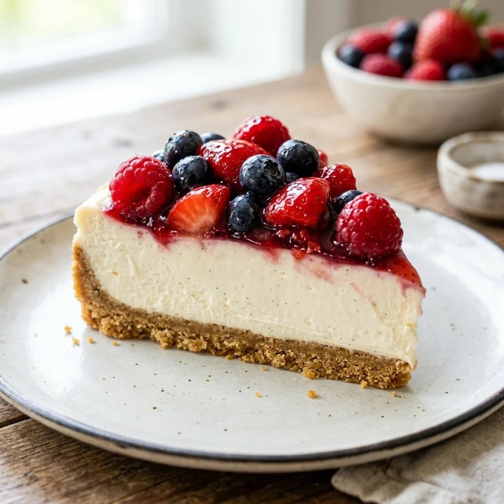 Delicious no bake cheesecake topped with fresh berries on a white plate