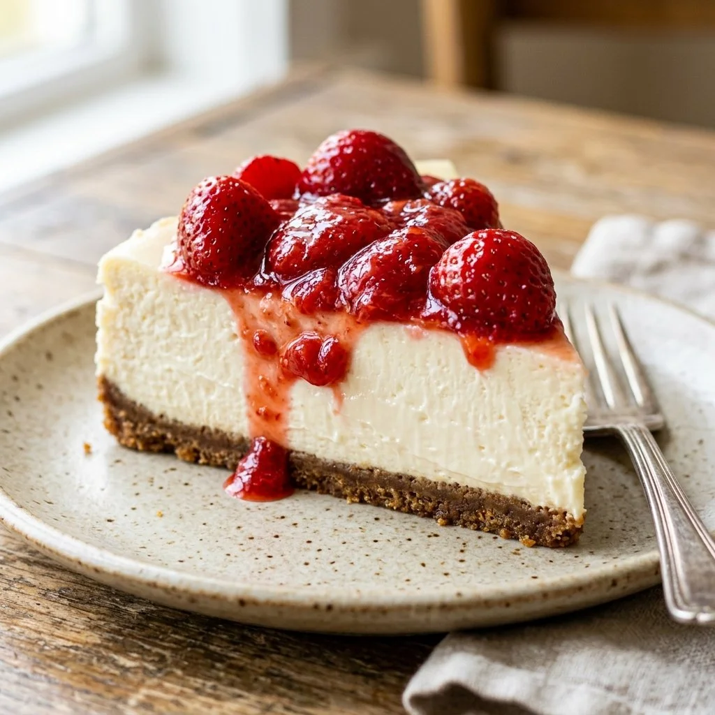 Delicious no bake cheesecake topped with fresh berries and mint leaves