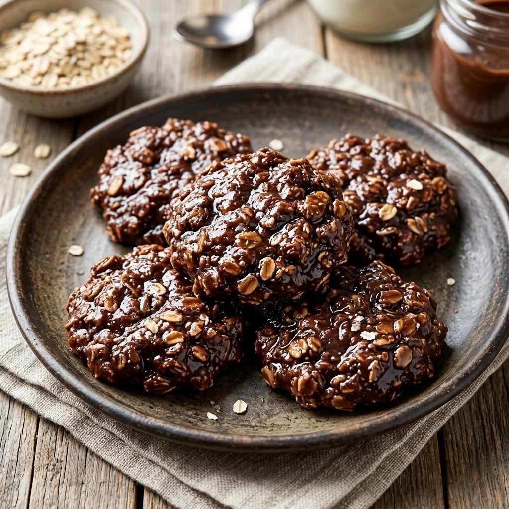 Delicious plate of homemade no bake cookies ready to enjoy.