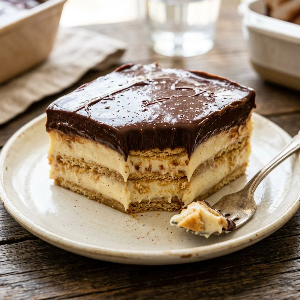 No-Bake Eclair Cake with layers of cream and chocolate frosting