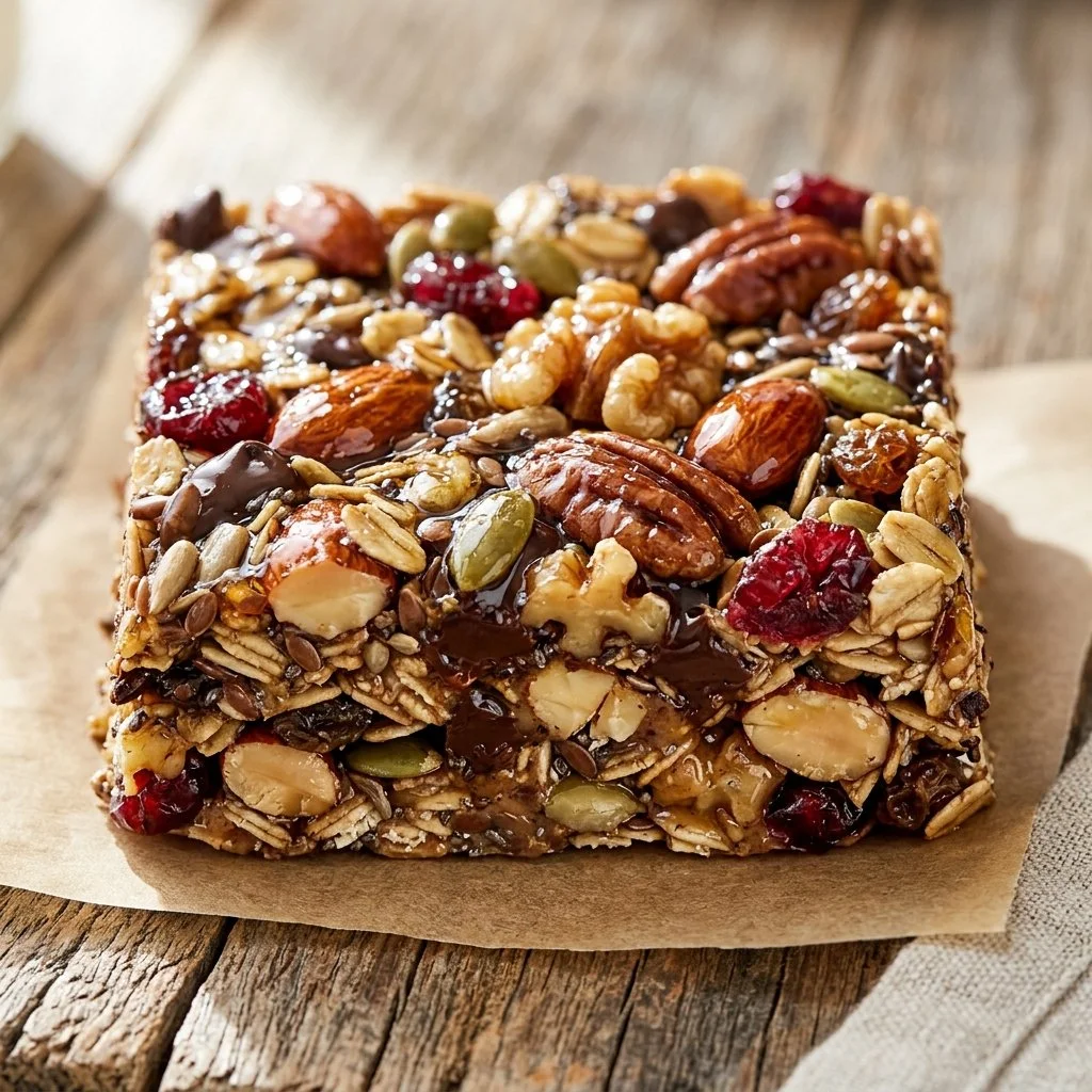 Homemade no bake granola bars with nuts and dried fruit