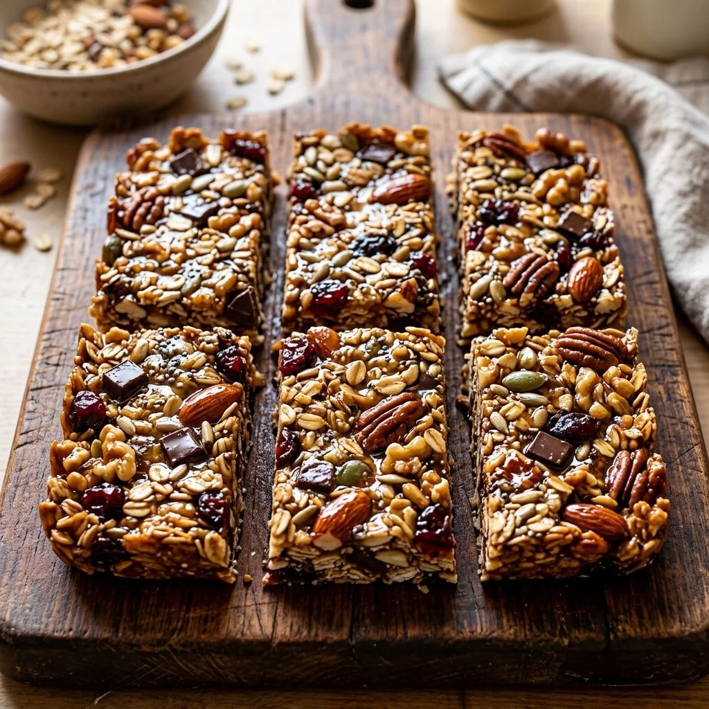 No bake granola bars made with oats, nuts, and honey for a healthy snack.