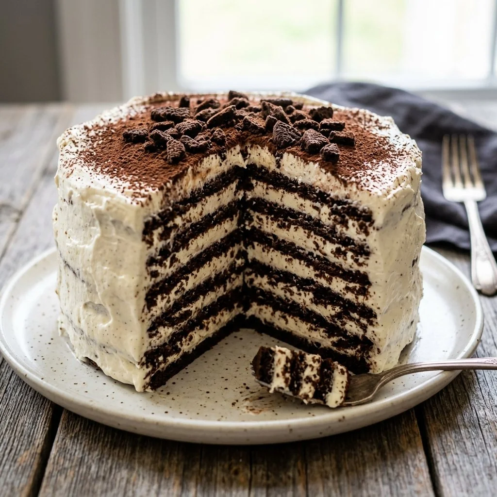 Slices of Old Fashioned Icebox Cake with layers of cream and chocolate wafers