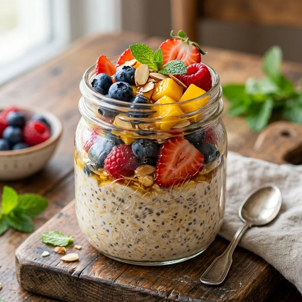 Bowl of delicious overnight oats topped with fruits and nuts.