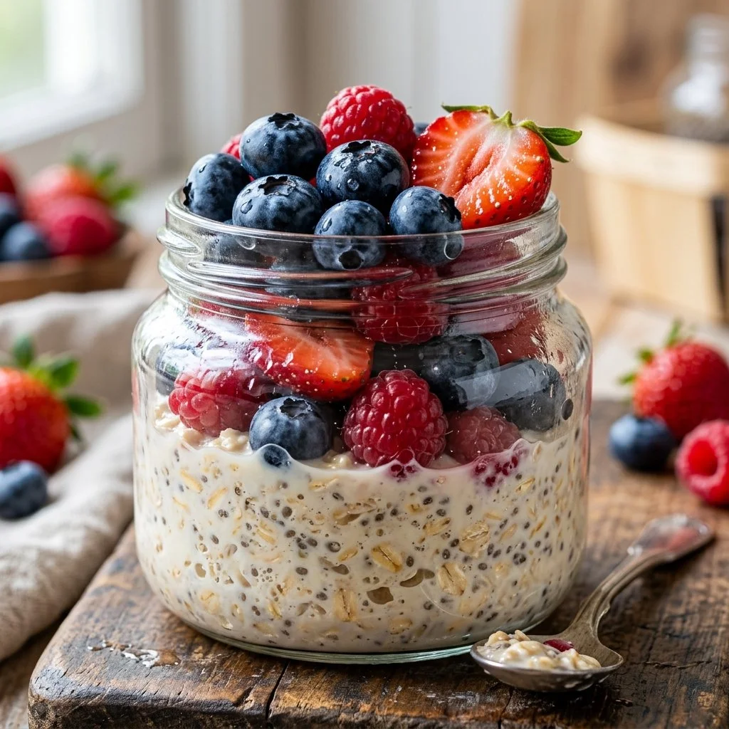 Bowl of overnight oats topped with fresh berries and nuts for a nutritious breakfast