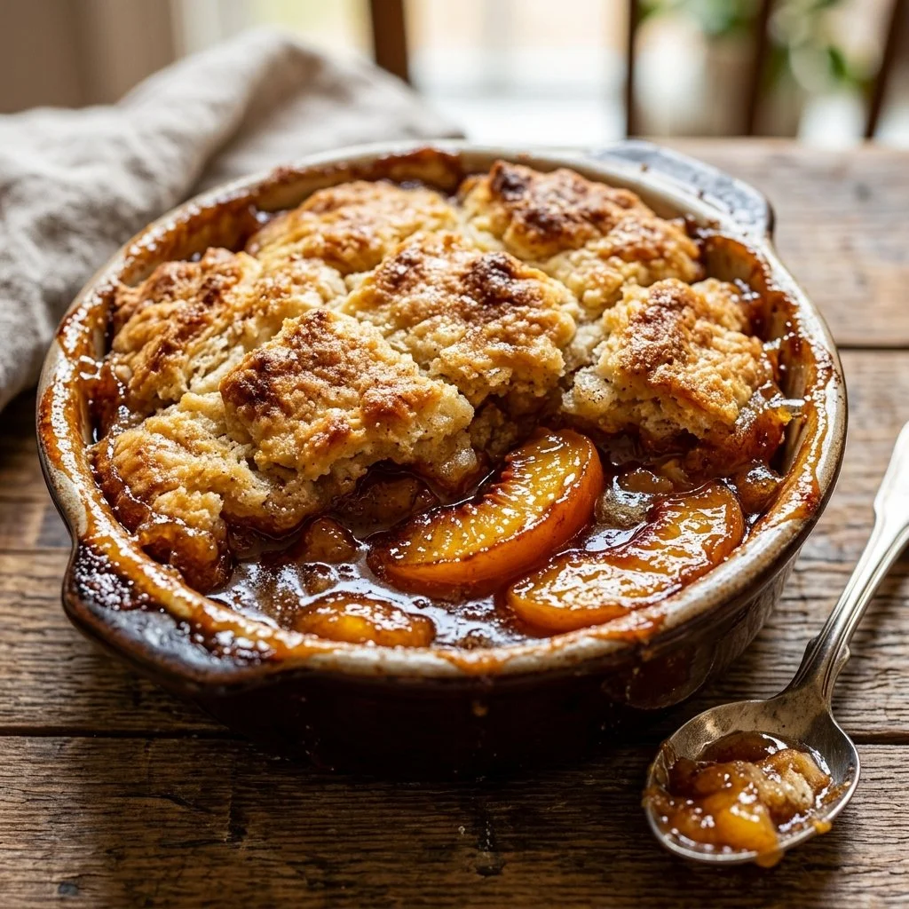 Delicious homemade peach cobbler with fresh peaches and golden crust