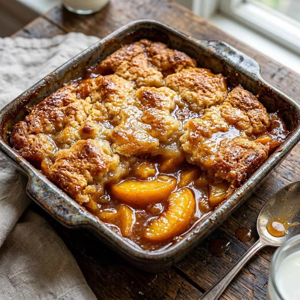 Delicious homemade Peach Cobbler served with vanilla ice cream