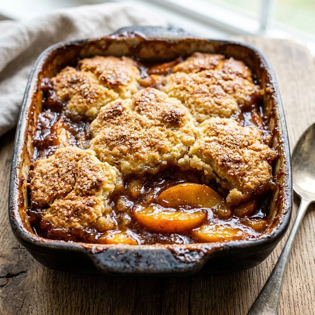 Delicious homemade peach cobbler served in a rustic dish