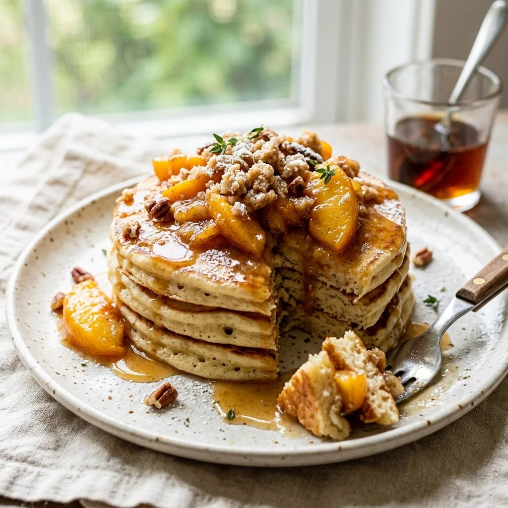 Delicious Peach Cobbler Pancakes topped with fresh peaches and syrup