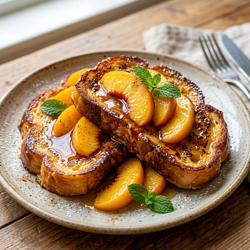 Delicious Peach French Toast topped with fresh peaches and syrup on a plate