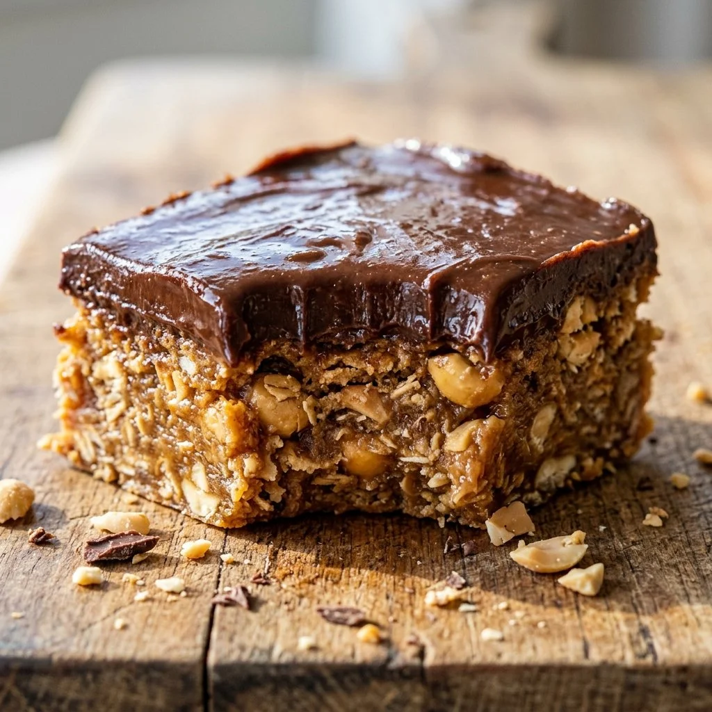 Homemade peanut butter bars drizzled with chocolate and topped with peanuts
