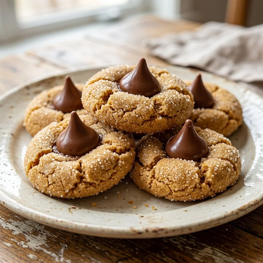 Delicious Peanut Butter Blossoms cookies topped with chocolate kisses