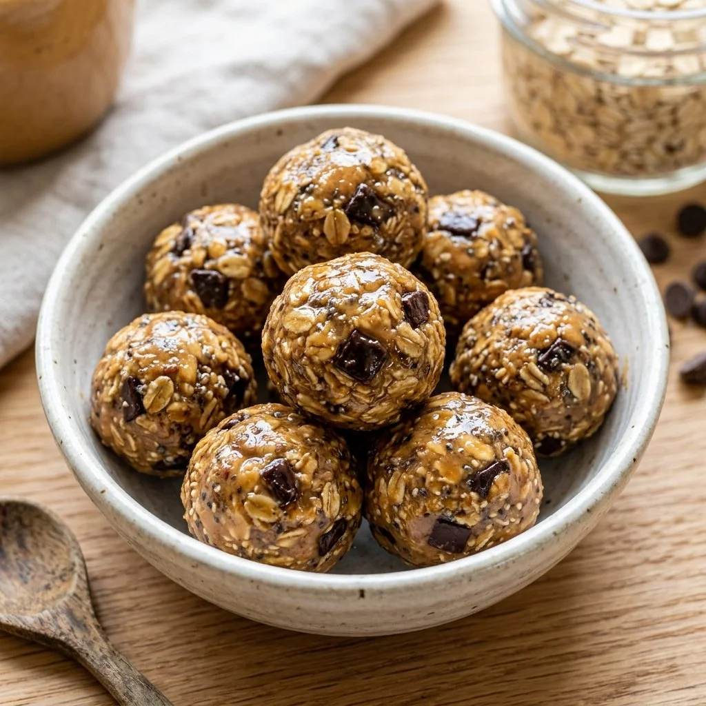 Homemade Peanut Butter Energy Bites with oats and chocolate chips