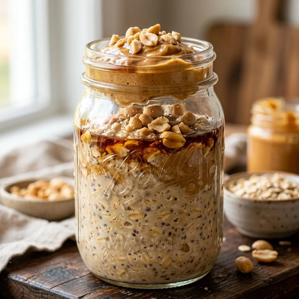 Bowl of peanut butter overnight oats topped with fruits and nuts.