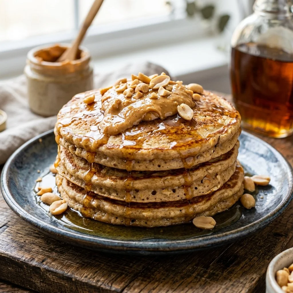 Stack of fluffy peanut butter protein pancakes with syrup and berries